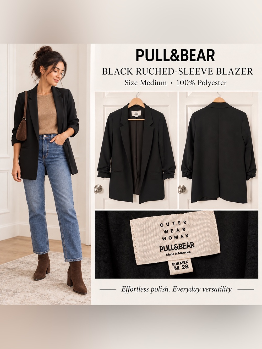 Pull&Bear Black Ruched-Sleeve Blazer